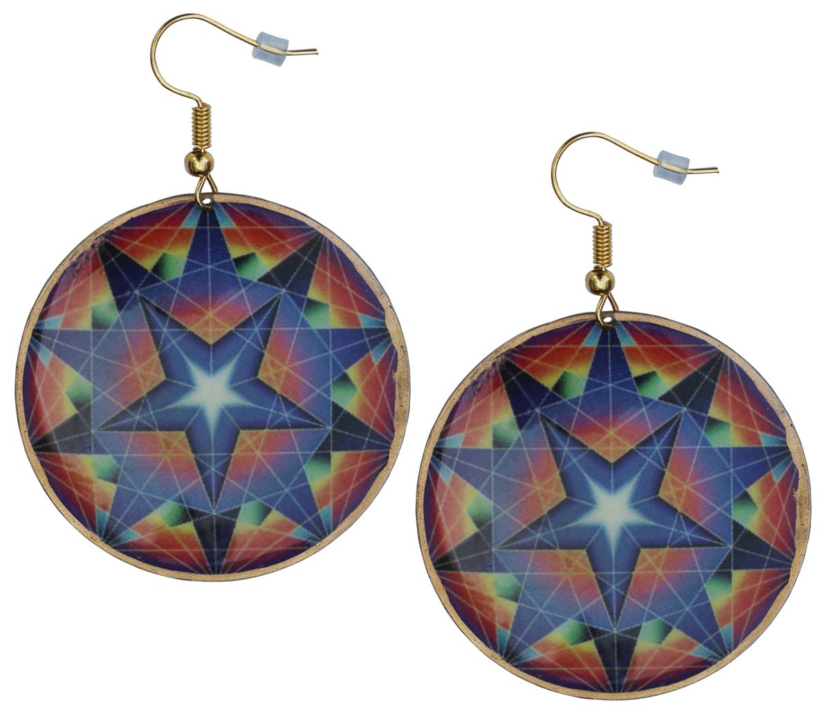 2.5” Brass Hook Earrings with Blue Star Pattern - Drop Earrings / Accessories for Her - Buy in Bulk Wholesale